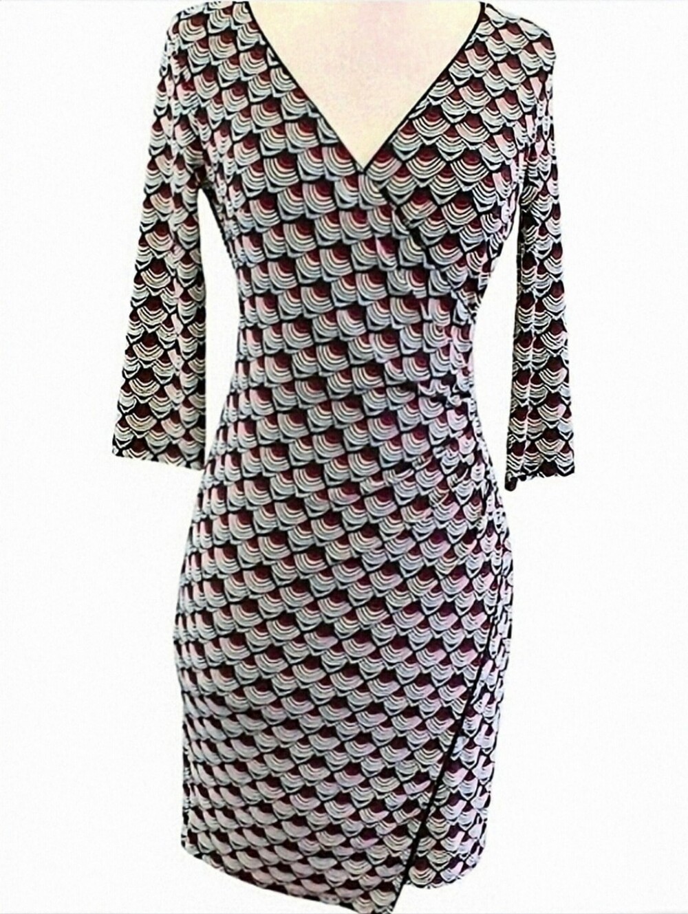 WHBM Black White Red Geometric 3/4 Sleeve Faux Wrap Asymetric Hem. Sz. 12